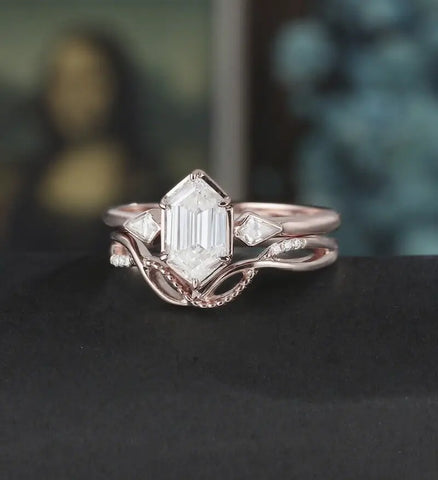 Long Hexagon Moissanite Bridal Set Solid Gold Engagement Ring Set Unique Bridal Set Anniversary Diamond Wedding Ring Vintage Promise Ring For Women