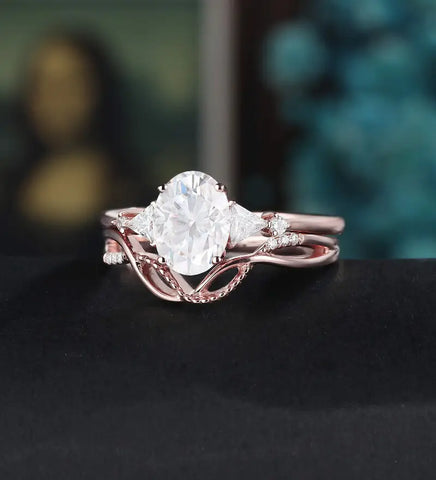 Oval Cut Moissanite Bridal Set Solid Gold Engagement Ring Set Anniversary Diamond Wedding Ring Vintage Promise Ring For Women