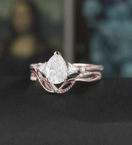Pear Shaped Moissanite Bridal Set Solid Gold Engagement Ring Set Vintage Bridal Set Anniversary Diamond Wedding Ring Anniversary Promise Ring For Her