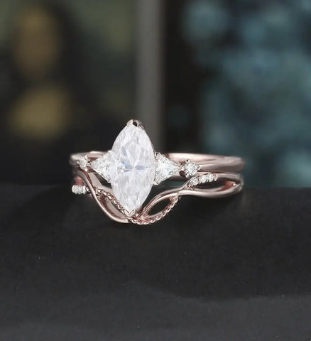 Marquise Cut Moissanite Ring Set Solid Gold Engagement bridal set Moissanite Bridal Set Anniversary Diamond Wedding Ring Anniversary Promise Ring For Women