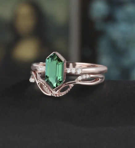Long Hexagon Emerald Bridal Set Solid Gold Engagement Ring Set Unique Dimond Bridal Set Anniversary Wedding Ring Vintage Promise Ring For Her