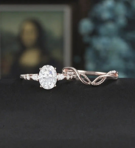 Vintage Oval Cut Engagement Ring Set Solid Gold Bridal Set Diamond Wedding Ring Anniversary Promise Ring For Her