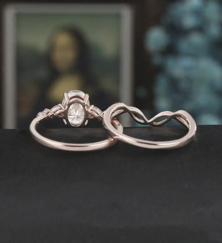 Vintage Oval Cut Engagement Ring Set Solid Gold Bridal Set Diamond Wedding Ring Anniversary Promise Ring For Her