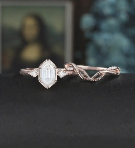 Long Hexagon Moissanite Bridal Set Solid Gold Engagement Ring Set Unique Bridal Set Anniversary Diamond Wedding Ring Vintage Promise Ring For Women