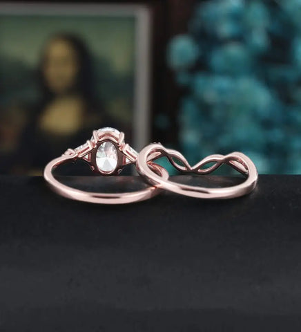 Oval Cut Moissanite Bridal Set Solid Gold Engagement Ring Set Anniversary Diamond Wedding Ring Vintage Promise Ring For Women