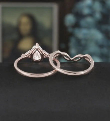 Pear Shaped Moissanite Bridal Set Solid Gold Engagement Ring Set Vintage Bridal Set Anniversary Diamond Wedding Ring Anniversary Promise Ring For Her
