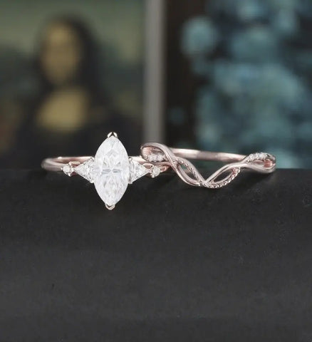 Marquise Cut Moissanite Ring Set Solid Gold Engagement bridal set Moissanite Bridal Set Anniversary Diamond Wedding Ring Anniversary Promise Ring For Women