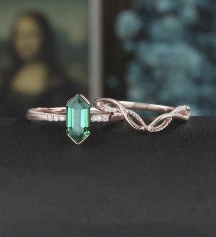 Long Hexagon Emerald Bridal Set Solid Gold Engagement Ring Set Unique Dimond Bridal Set Anniversary Wedding Ring Vintage Promise Ring For Her