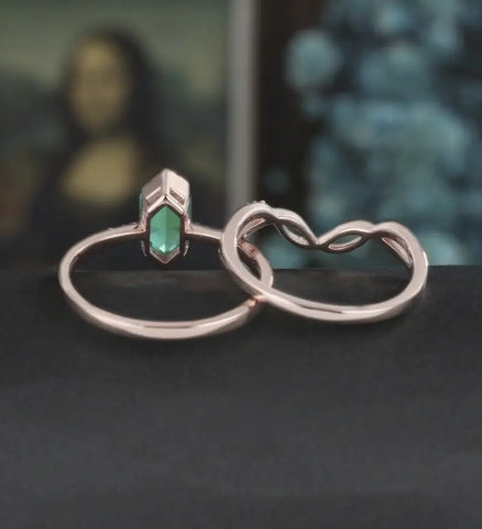 Long Hexagon Emerald Bridal Set Solid Gold Engagement Ring Set Unique Dimond Bridal Set Anniversary Wedding Ring Vintage Promise Ring For Her