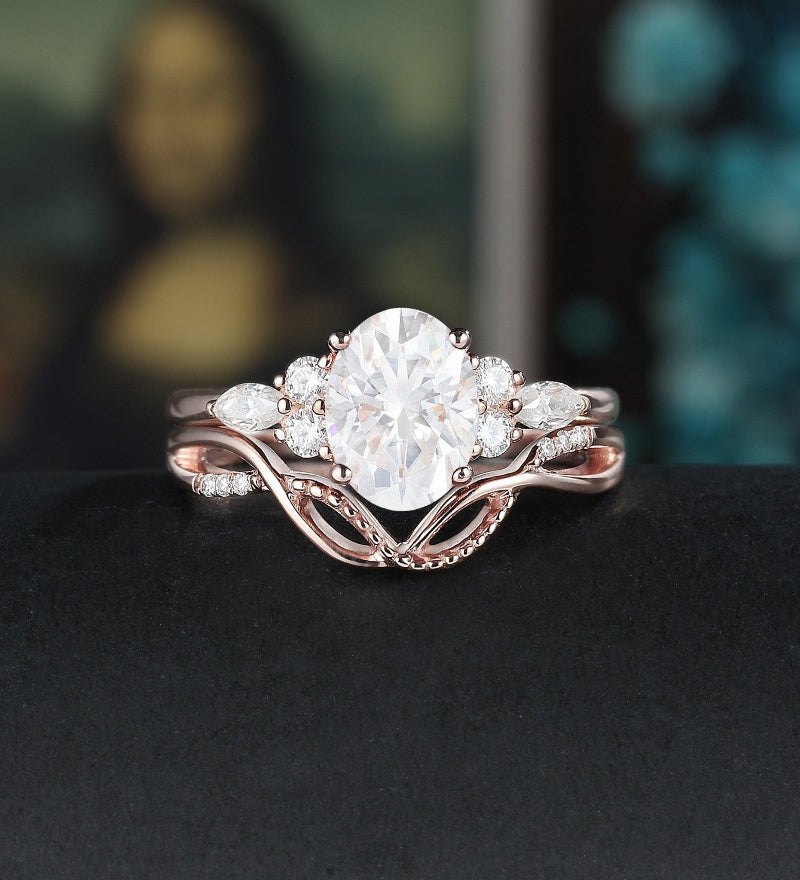 Oval Cut Moissanite Bridal Set Engagement Ring Set Vintage Bridal Set Anniversary Diamond Wedding Ring Solid Gold Promise Ring For Women - ULRICARING