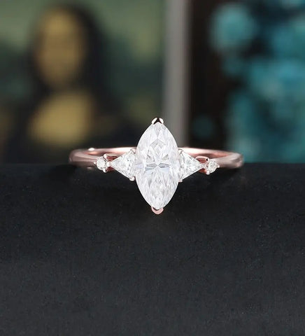 Marquise Cut Moissanite Engagement Ring Solid Gold Promise Ring Anniversary triangle Diamond Wedding Ring Vintage Ring Unique Bridal promise Ring For Her