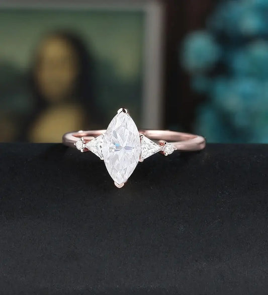 Marquise Cut Moissanite Engagement Ring Solid Gold Promise Ring Anniversary triangle Diamond Wedding Ring Vintage Ring Unique Bridal promise Ring For Her