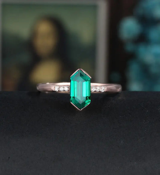 Long Hexagon Cut Lab Emerald Engagement Ring Solid Gold  Moissanite Promise Ring Anniversary triangle Diamond Wedding Ring Vintage Ring Unique Bridal promise Ring For Her
