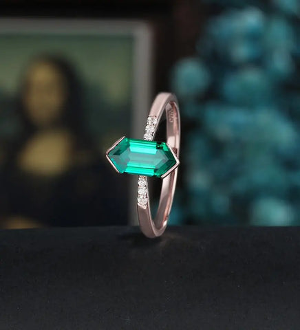 Long Hexagon Cut Lab Emerald Engagement Ring Solid Gold  Moissanite Promise Ring Anniversary triangle Diamond Wedding Ring Vintage Ring Unique Bridal promise Ring For Her