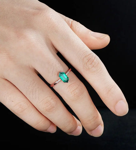 Long Hexagon Cut Lab Emerald Engagement Ring Solid Gold  Moissanite Promise Ring Anniversary triangle Diamond Wedding Ring Vintage Ring Unique Bridal promise Ring For Her