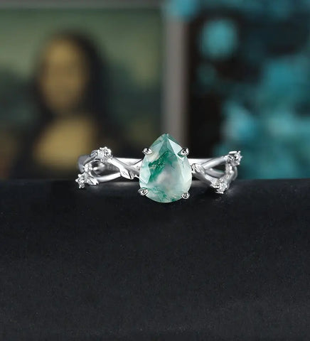Pear Shaped Moss Agate Engagement Ring Solid Gold Promise Ring Anniversary Diamond Wedding Ring Vintage Ring Unique Bridal promise Ring For Her