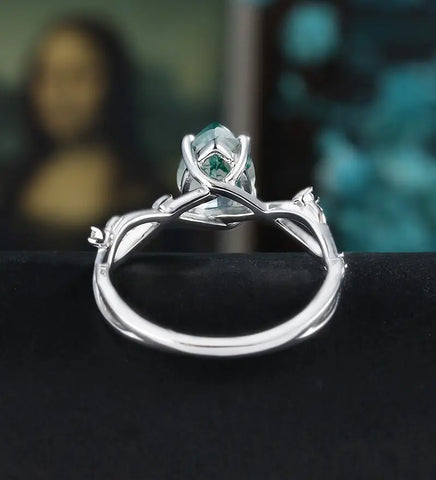 Pear Shaped Moss Agate Engagement Ring Solid Gold Promise Ring Anniversary Diamond Wedding Ring Vintage Ring Unique Bridal promise Ring For Her