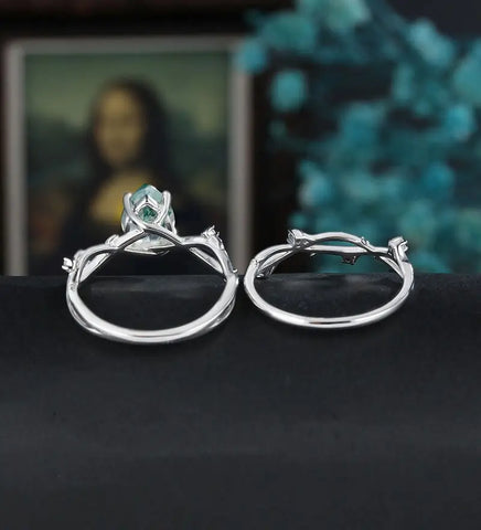 Moss Agate Engagement Ring Set Solid Gold Bridal Set Anniversary Moissanite Diamond Wedding Ring Anniversary Promise Ring For Her