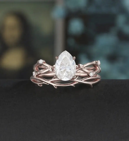 Pear shaped Moissanite Engagement Ring Solid Gold Nature Inspired Diamond Wedding Ring ROSE WHITE YELLOW Gold Promise Anniversary Bridal Ring For Women