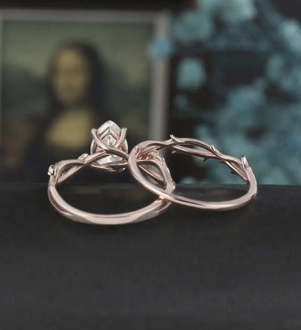 Pear shaped Moissanite Engagement Ring Solid Gold Nature Inspired Diamond Wedding Ring ROSE WHITE YELLOW Gold Promise Anniversary Bridal Ring For Women