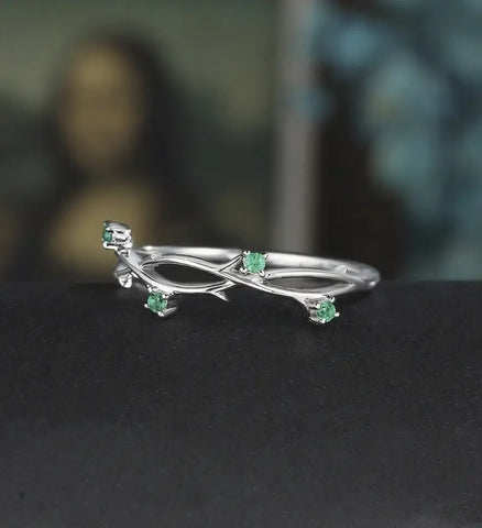 Solid Gold Emerald Wedding Bnad Nature Inspired Leaf Ring 14K/18K Gold Anniversary Matching Band Vintage Bridal Ring For Her