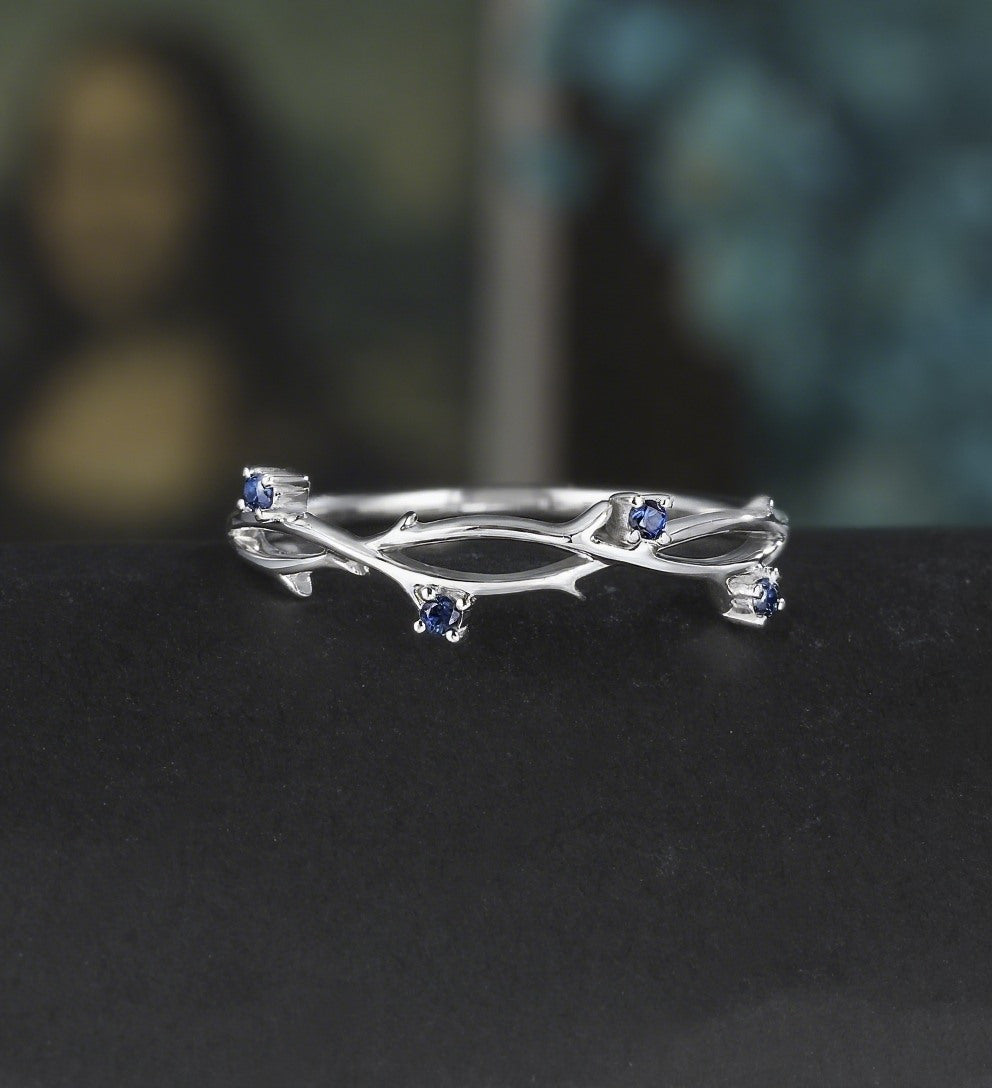 Solid Gold Sapphire Wedding Bnad 14K/18K Gold Matching Band Nature Inspired Leaf Ring Anniversary Vintage Bridal Ring For Women