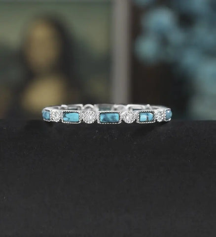 Baguette Cut Turquoise Wedding Band Full Eternity Moissanite White Gold Wedding Ring Unique Diamond Stacking Ring Promise Anniversary Bridal Ring Gift for Her