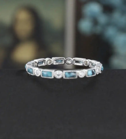 Baguette Cut Turquoise Wedding Band Full Eternity Moissanite White Gold Wedding Ring Unique Diamond Stacking Ring Promise Anniversary Bridal Ring Gift for Her