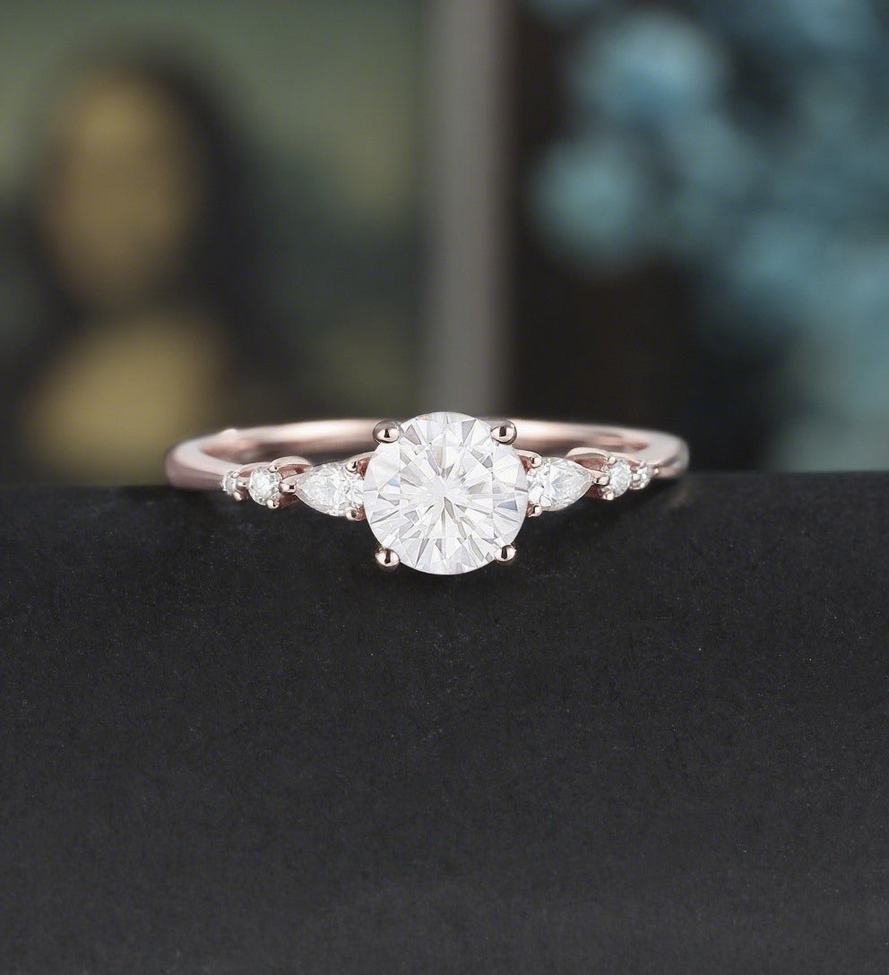 Round Cut Moissanite Engagement Ring Pear Shaped Diamond Wedding Ring Vintage Rose Gold Bridal Ring Promise Anniversary Ring Gift for Her - ULRICARING