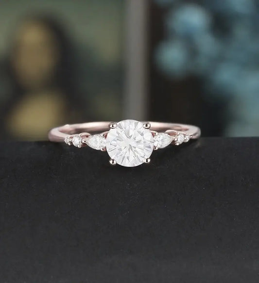 Round Cut Moissanite Engagement Ring Pear Shaped Diamond Wedding Ring Vintage Rose Gold Bridal Ring Promise Anniversary Ring Gift for Her