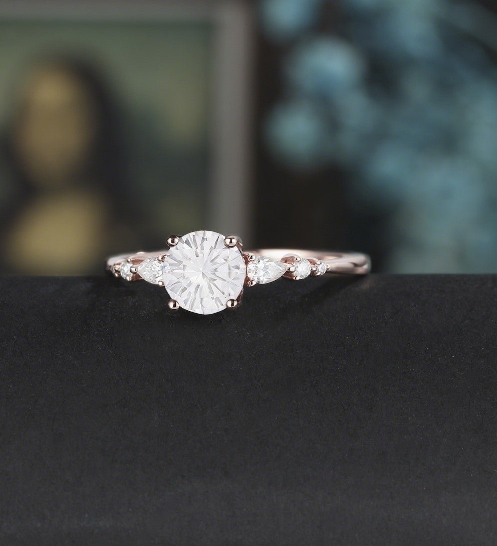 Round Cut Moissanite Engagement Ring Pear Shaped Diamond Wedding Ring Vintage Rose Gold Bridal Ring Promise Anniversary Ring Gift for Her - ULRICARING