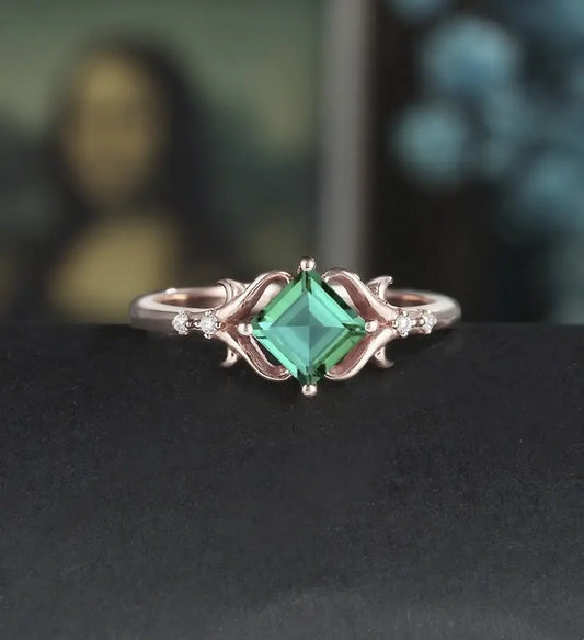Princess Cut Lab Emerald Engagement Ring Art Deco Moissanite Anniversary Ring Prong Set Diamond Wedding Ring Solid Gold Vintage Ring Unique Bridal promise Ring For Women