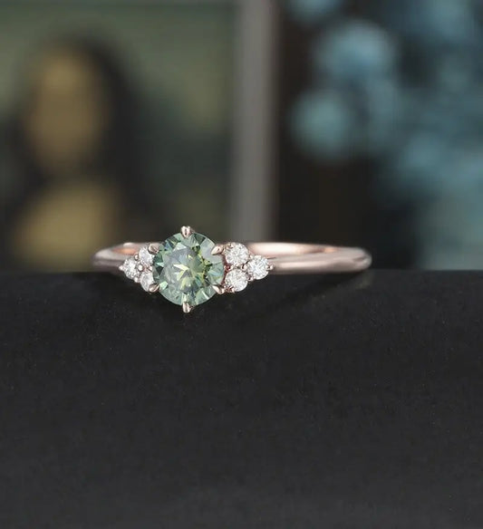 5mm Round Cut Green Moissanite Engagement Ring Unique White Gold Wedding Ring Vintage Promise Diamond Ring Anniversary Bridal Ring Women