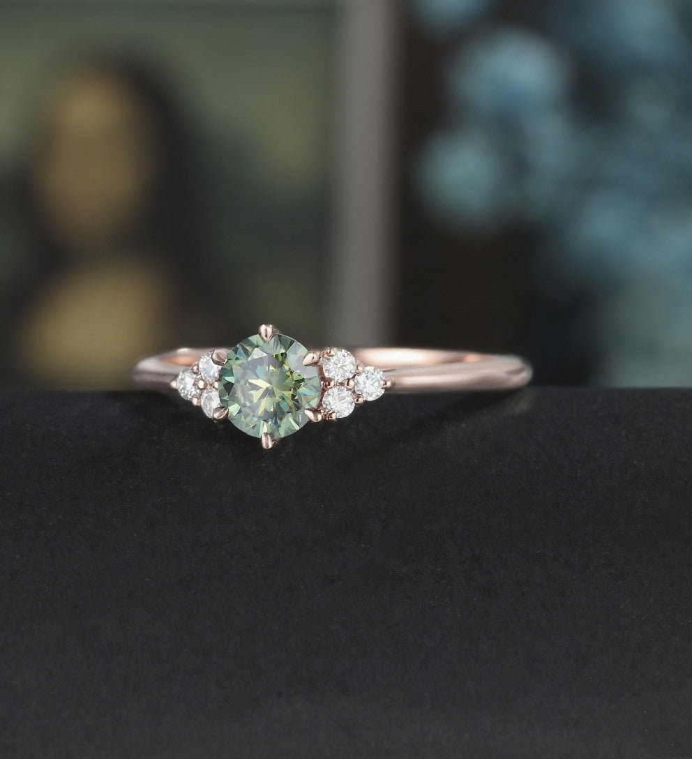 5mm Round Cut Green Moissanite Engagement Ring Unique White Gold Wedding Ring Vintage Promise Diamond Ring Anniversary Bridal Ring Women