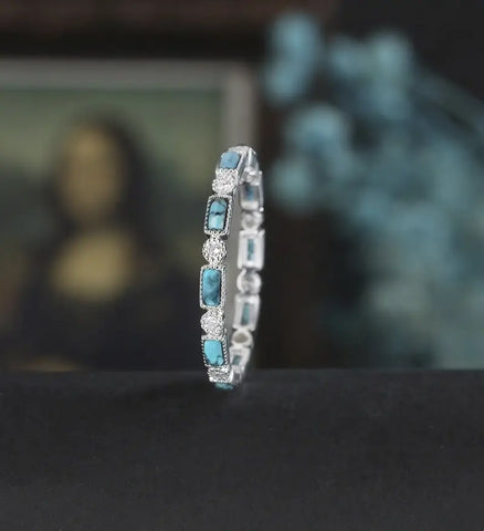 Baguette Cut Turquoise Wedding Band Full Eternity Moissanite White Gold Wedding Ring Unique Diamond Stacking Ring Promise Anniversary Bridal Ring Gift for Her