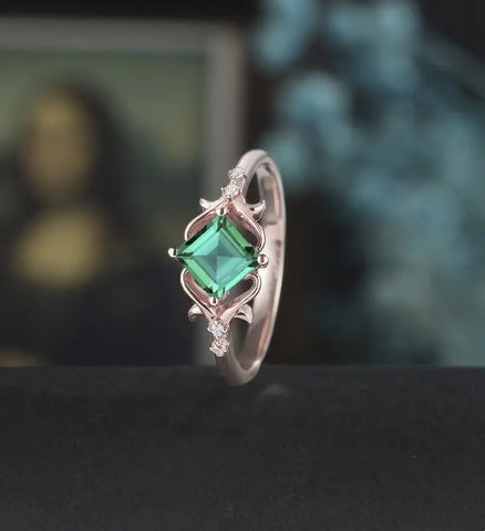 Princess Cut Lab Emerald Engagement Ring Art Deco Moissanite Anniversary Ring Prong Set Diamond Wedding Ring Solid Gold Vintage Ring Unique Bridal promise Ring For Women