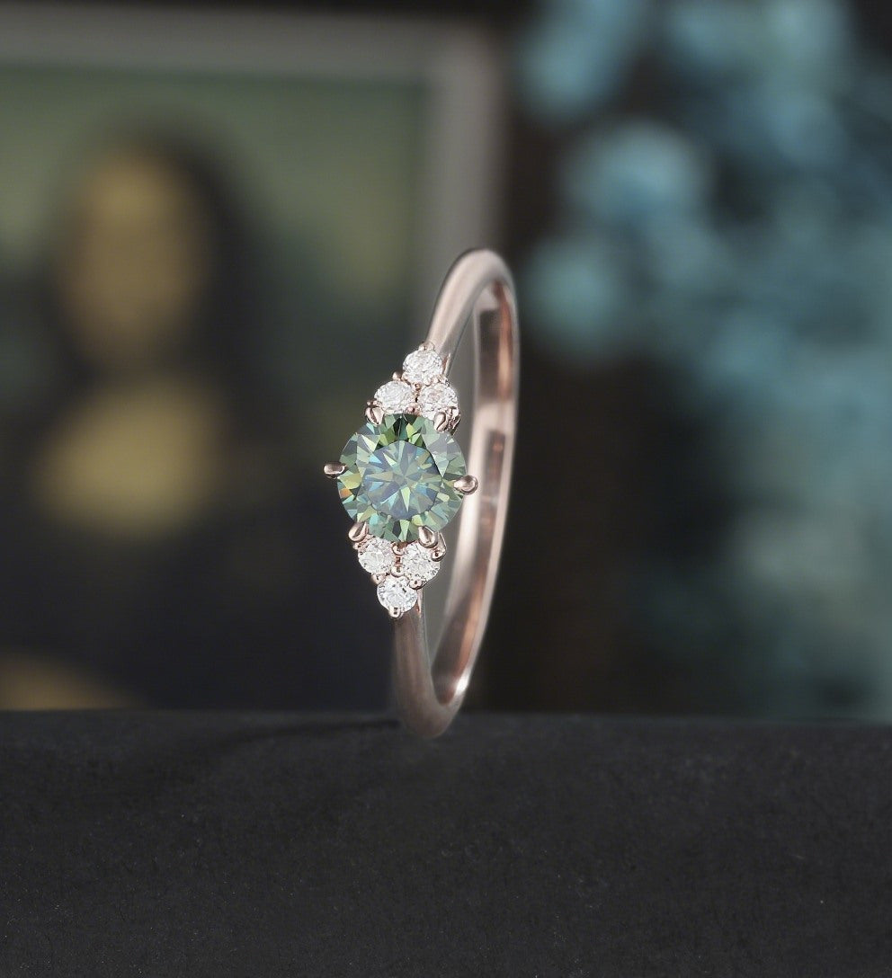 5mm Round Cut Green Moissanite Engagement Ring Unique White Gold Wedding Ring Vintage Promise Diamond Ring Anniversary Bridal Ring Women