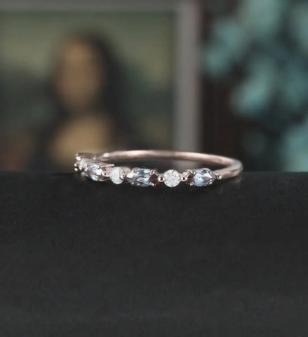 Marquise Alexandrite Wedding Bnad Solid Gold Promise Ring Anniversary Diamond Moissanite Wedding Ring Vintage Bridal Ring For Her