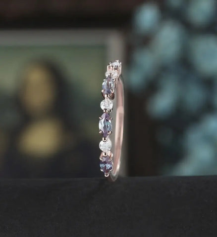 Marquise Alexandrite Wedding Bnad Solid Gold Promise Ring Anniversary Diamond Moissanite Wedding Ring Vintage Bridal Ring For Her
