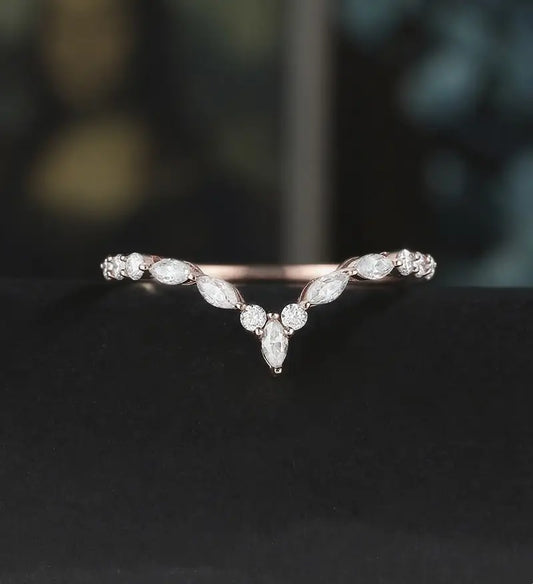Curved Marquise Moissanite Wedding Bnad Solid Gold Matching Band Diamond Ring Wedding Ring Anniversary Bridal Ring For Her