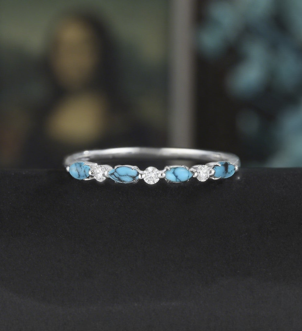 Marquise Cut Turquoise Wedding Band Moissanite Diamond Matching Bnad Vintage December Birthstone 14K/18K Solid Gold Promise Ring Promise for Her Anniversary Bridal Ring Stacking ring