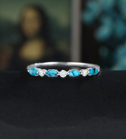 Marquise Cut Turquoise Wedding Band Moissanite Diamond Matching Bnad Vintage December Birthstone 14K/18K Solid Gold Promise Ring Promise for Her Anniversary Bridal Ring Stacking ring