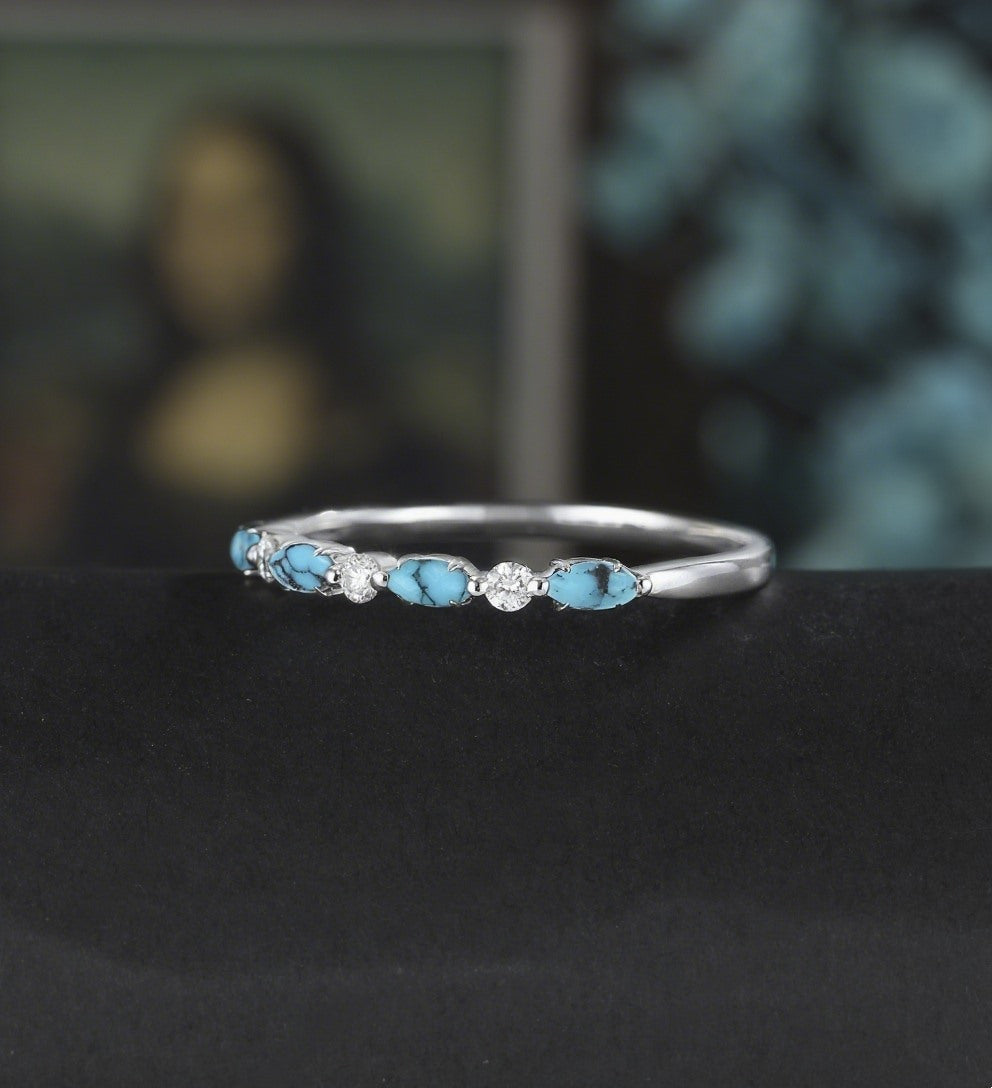 Marquise Cut Turquoise Wedding Band Moissanite Diamond Matching Bnad Vintage December Birthstone 14K/18K Solid Gold Promise Ring Promise for Her Anniversary Bridal Ring Stacking ring