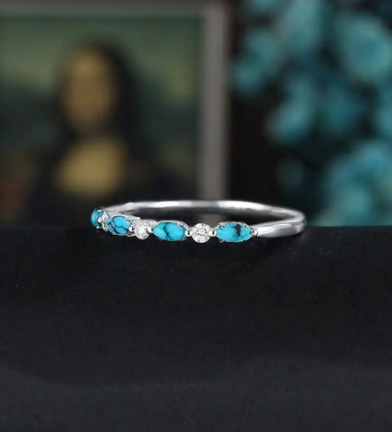 Marquise Cut Turquoise Wedding Band Moissanite Diamond Matching Bnad Vintage December Birthstone 14K/18K Solid Gold Promise Ring Promise for Her Anniversary Bridal Ring Stacking ring