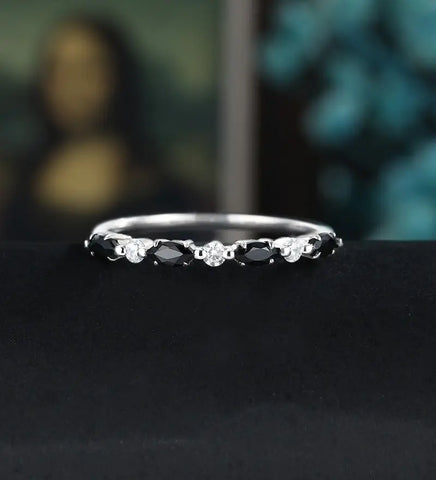 Marquise Cut  Black Onyx Wedding Band Moissanite Diamond Matching Bnad Vintage December Birthstone 14K/18K Solid Gold Promise Ring Promise for Her Anniversary Bridal Ring Stacking ring