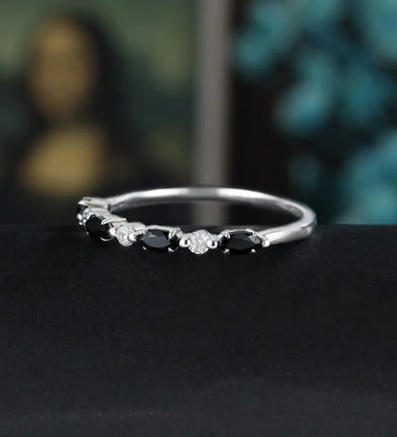 Marquise Cut  Black Onyx Wedding Band Moissanite Diamond Matching Bnad Vintage December Birthstone 14K/18K Solid Gold Promise Ring Promise for Her Anniversary Bridal Ring Stacking ring