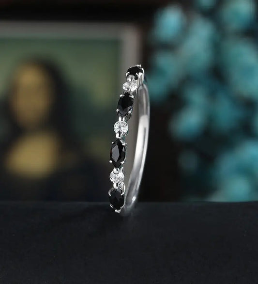 Marquise Cut  Black Onyx Wedding Band Moissanite Diamond Matching Bnad Vintage December Birthstone 14K/18K Solid Gold Promise Ring Promise for Her Anniversary Bridal Ring Stacking ring