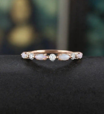 Marquise Cut Opal Wedding Band Half Eternity Moissanite Rose Gold Wedding Ring Unique Diamond Promise Anniversary Bridal Ring Gift for Her