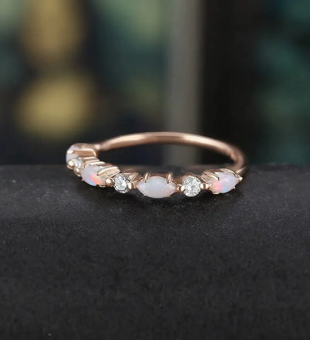 Marquise Cut Opal Wedding Band Half Eternity Moissanite Rose Gold Wedding Ring Unique Diamond Promise Anniversary Bridal Ring Gift for Her