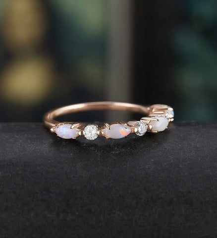 Marquise Cut Opal Wedding Band Half Eternity Moissanite Rose Gold Wedding Ring Unique Diamond Promise Anniversary Bridal Ring Gift for Her